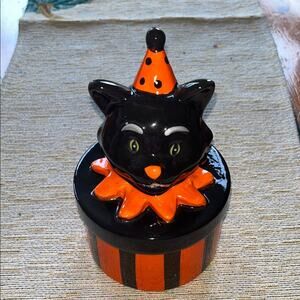 Vintage Style Halloween Black Cat Ceramic Trinket Candy Jar Dish
